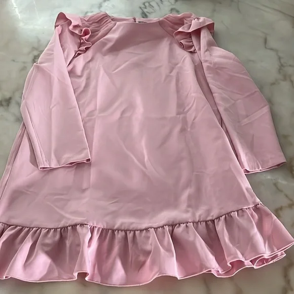 ZARA Bubblegum Pink Ruffle Hem & Shoulders Mini Dress Long Sleeve Sz L - Picture 16 of 16